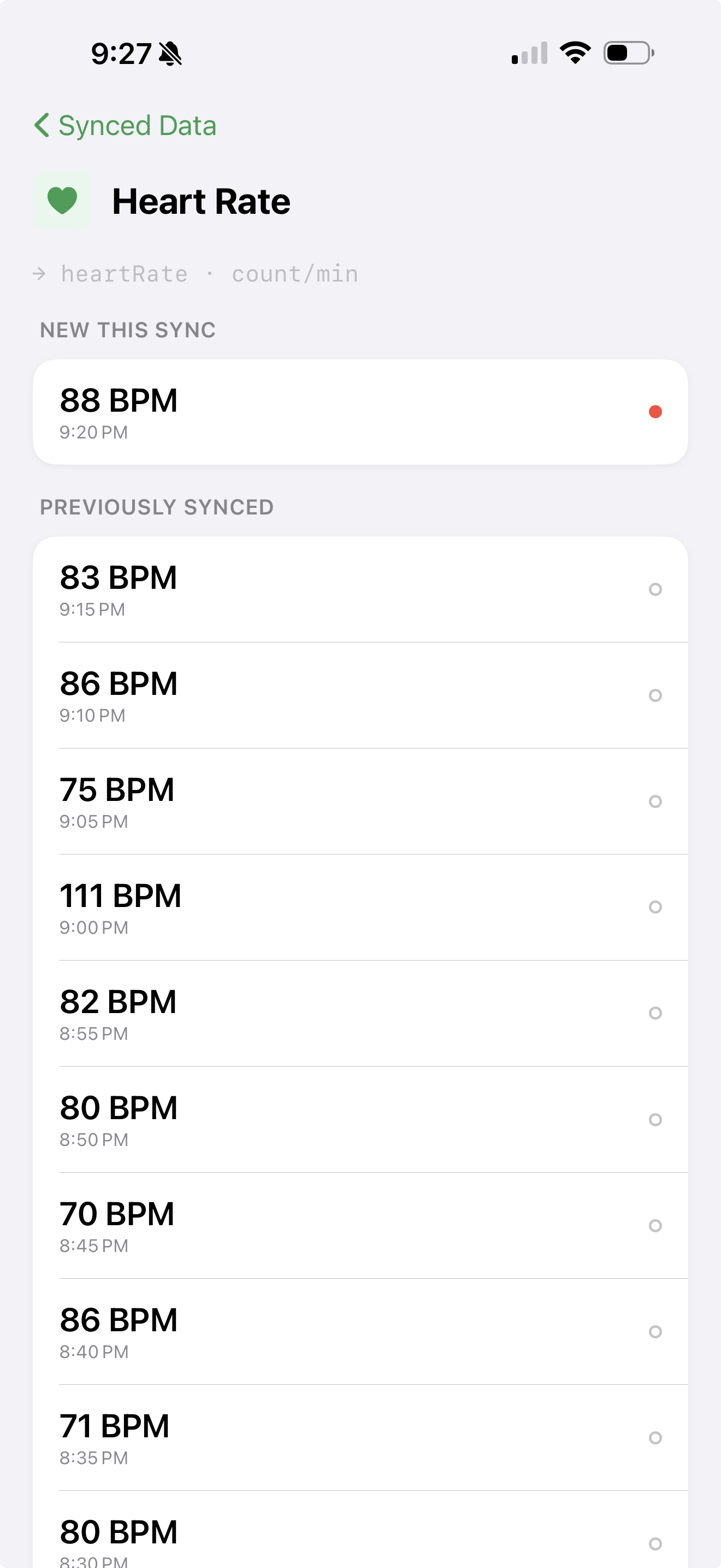 Clovering heart rate detail showing individual BPM readings synced from a COLMI ring