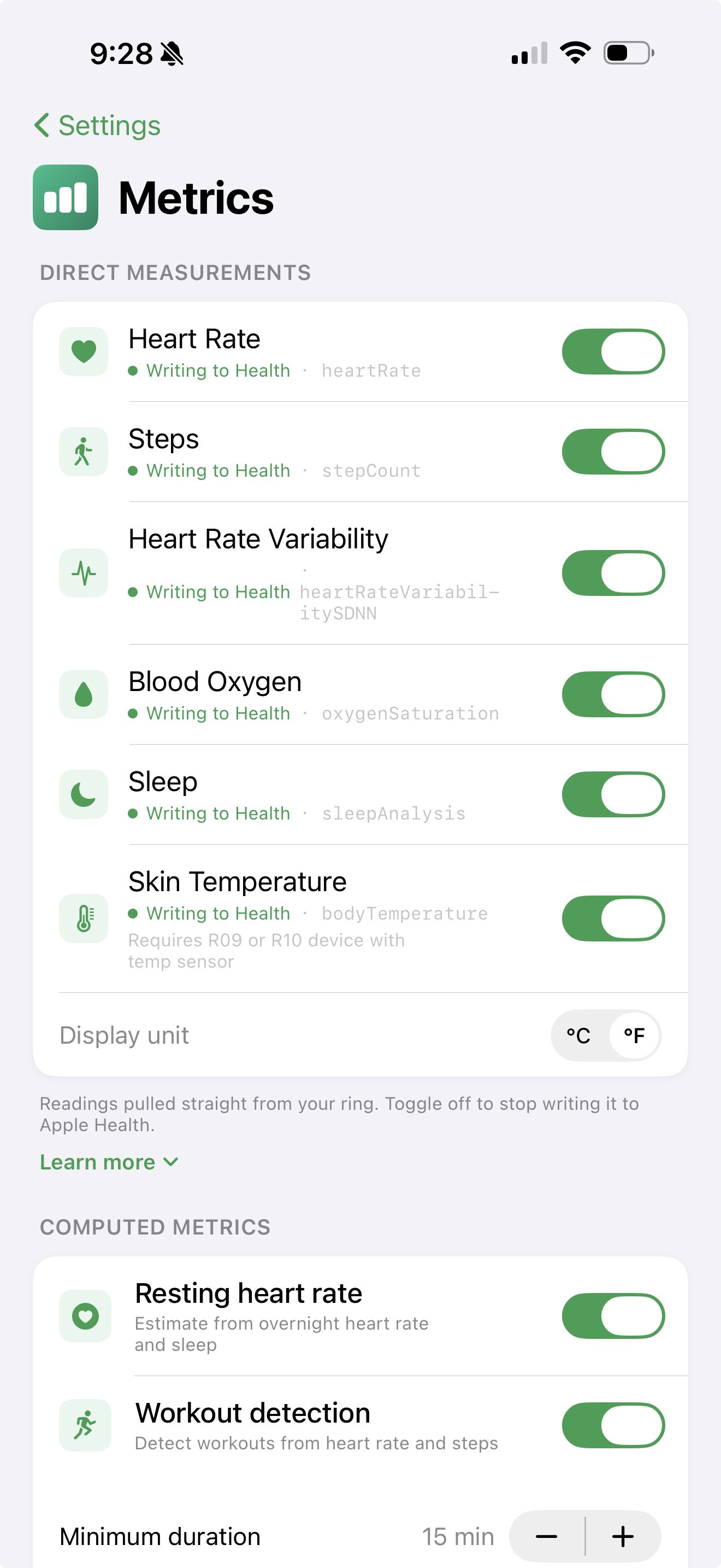 Clovering settings showing per-metric toggles for what gets written to Apple Health